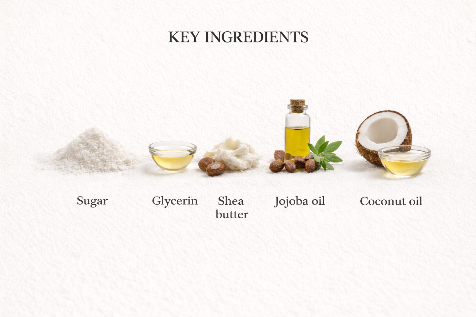 Key ingredients used in solo;sun ;RESET whipped body scrub including sugar, glycerin, shea butter, jojoba oil, and coconut oil.