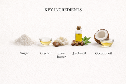 Key ingredients used in solo;sun ;RESET whipped body scrub including sugar, glycerin, shea butter, jojoba oil, and coconut oil.